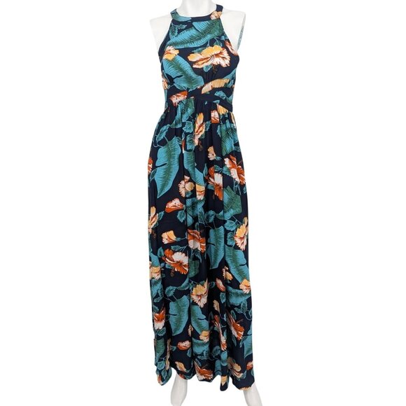 Aakaa Tropical Halter Maxi Dress Women Size XS Floral Open Back Resort Coastal - Picture 1 of 14